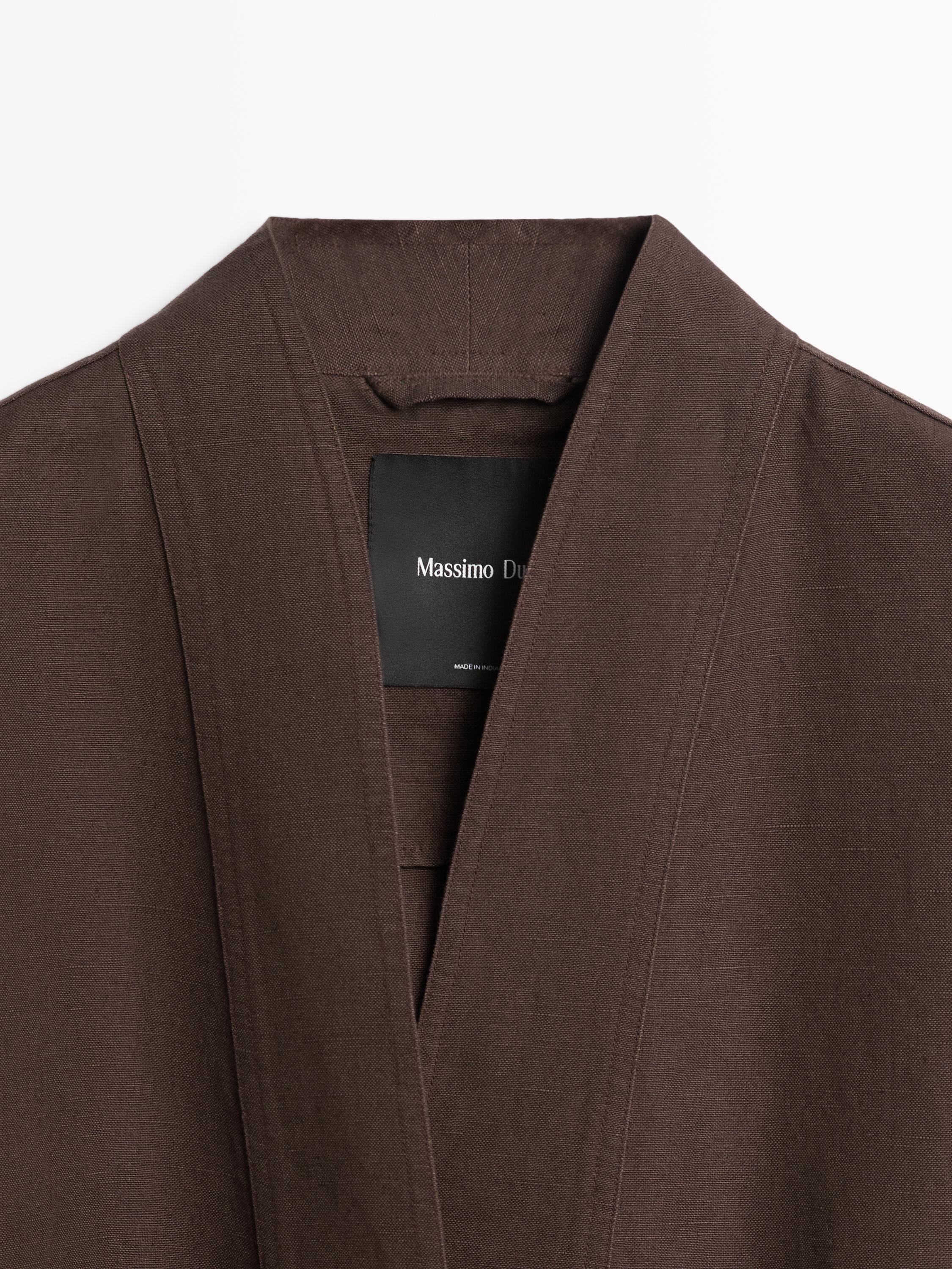Linen blend kimono jacket with tie detail